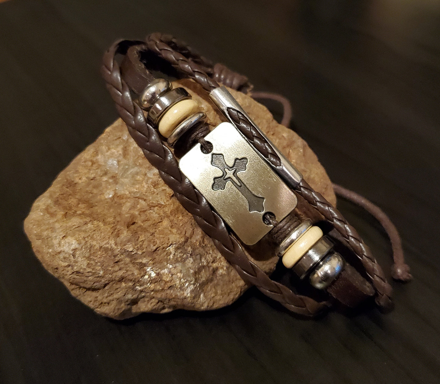 Leather Cross & Black Stone Bracelet