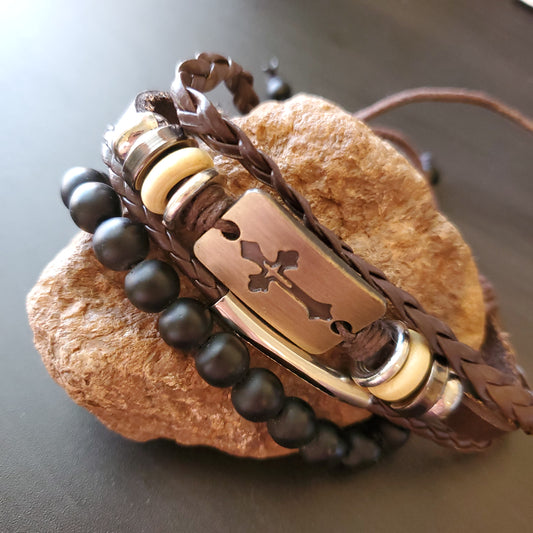 Leather Cross & Black Stone Bracelet